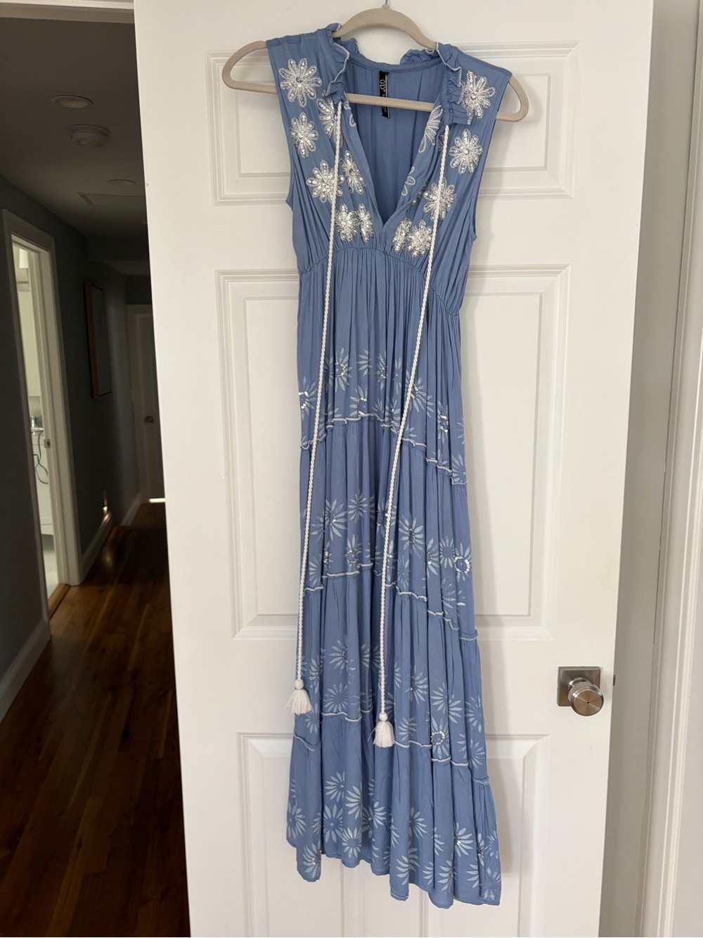 Blue Embroidered Maxi Dress with Tassel Ties